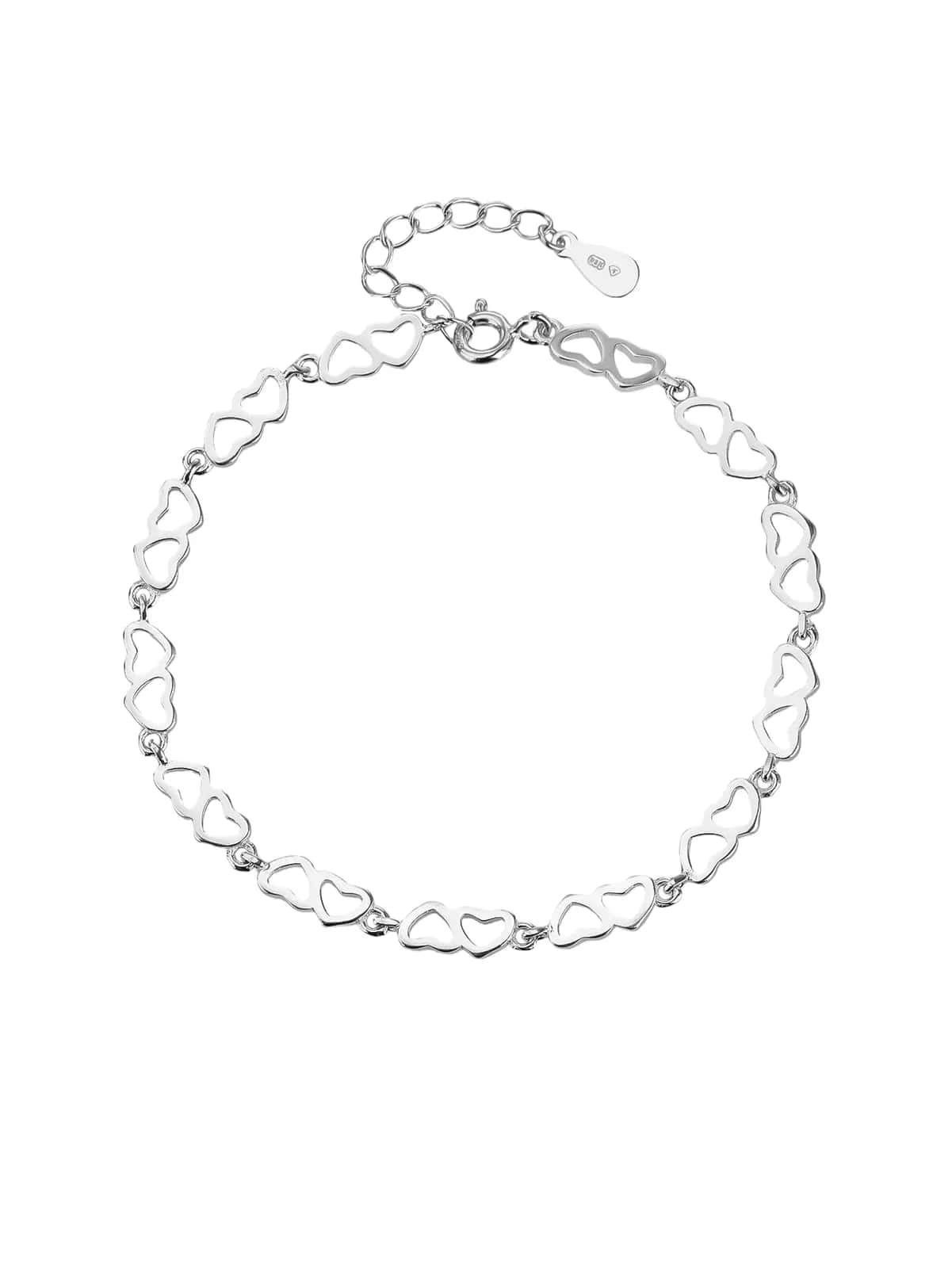 Pulsera de plata de ley 925 con doble corazón, con baño de rodio
