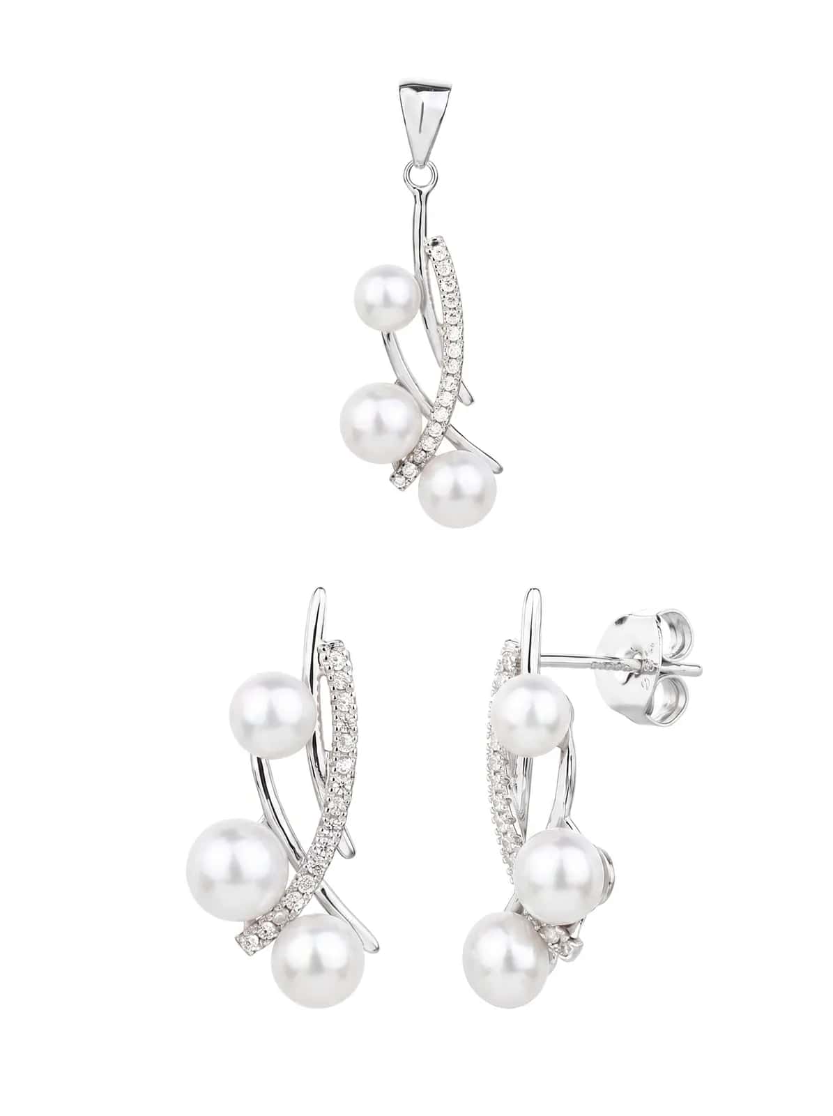 Conjunto de joyas con perlas blancas cultivadas de agua dulce, plata de ley 925 con baño de rodio