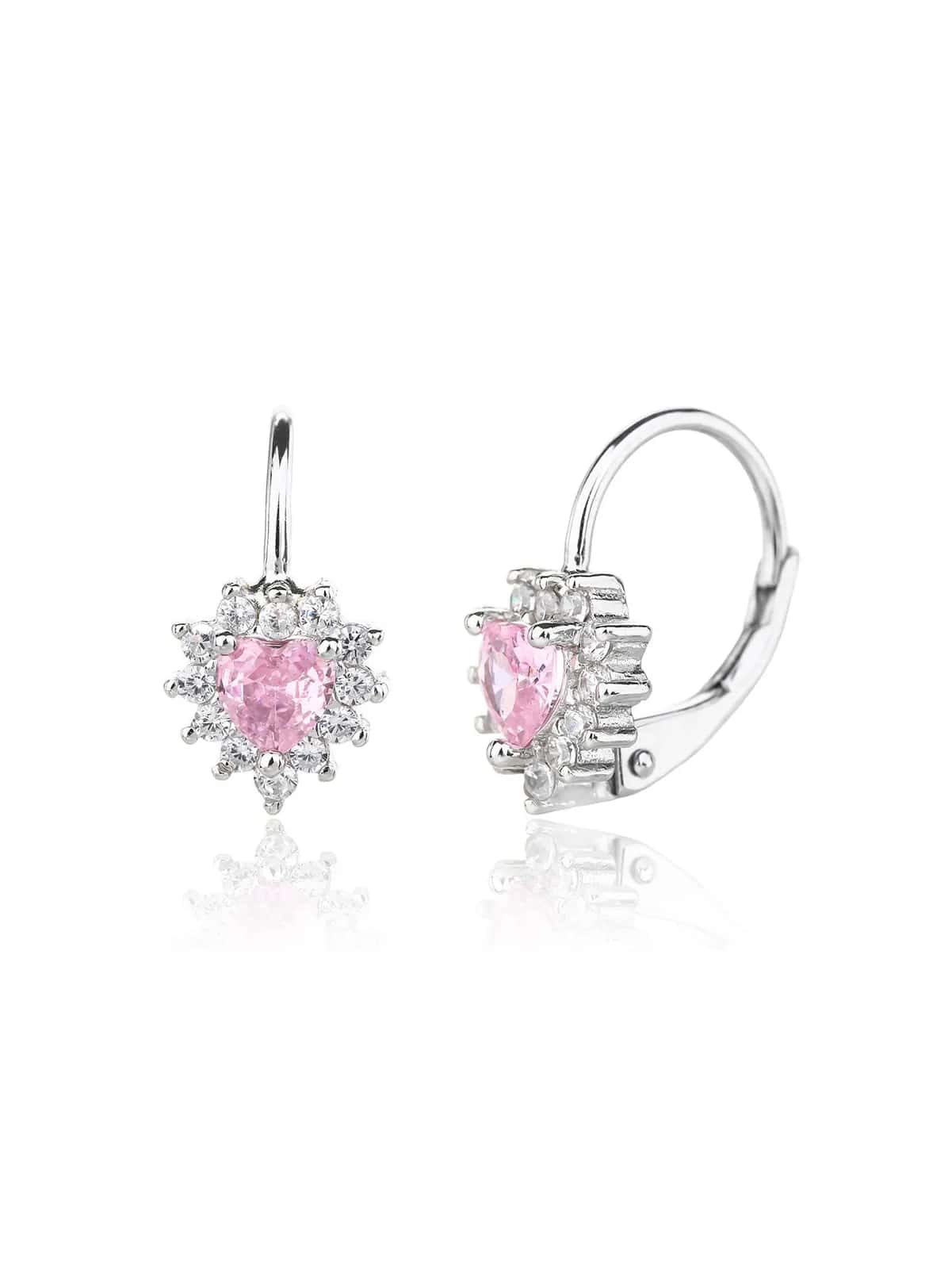 Heart-shaped pink stone earrings with a clasp and zirconia accents, AG 925 rhodium-plated silver (1.3 × 0.7 cm)