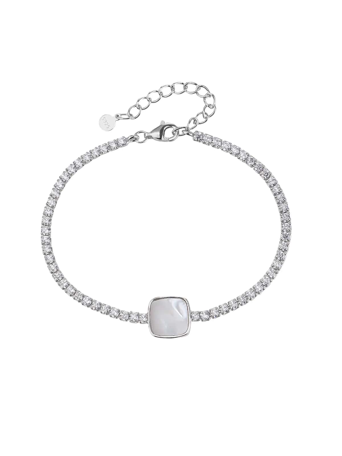 Pulsera tenis de plata de ley 925 con cuadrados de nácar natural, con baño de rodio