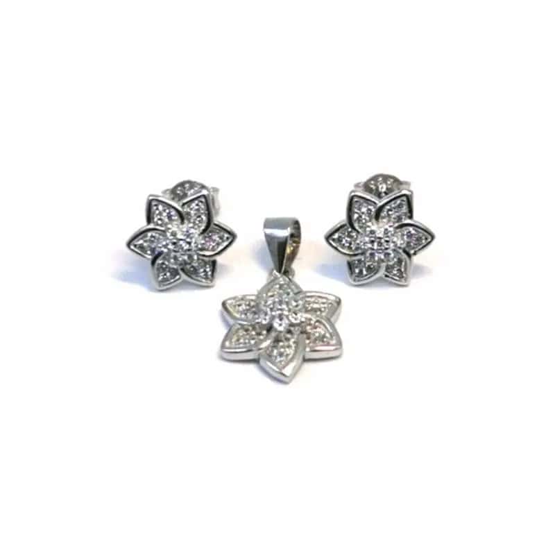 Pendientes de botón y colgante de plata en forma de flor con piedras blancas