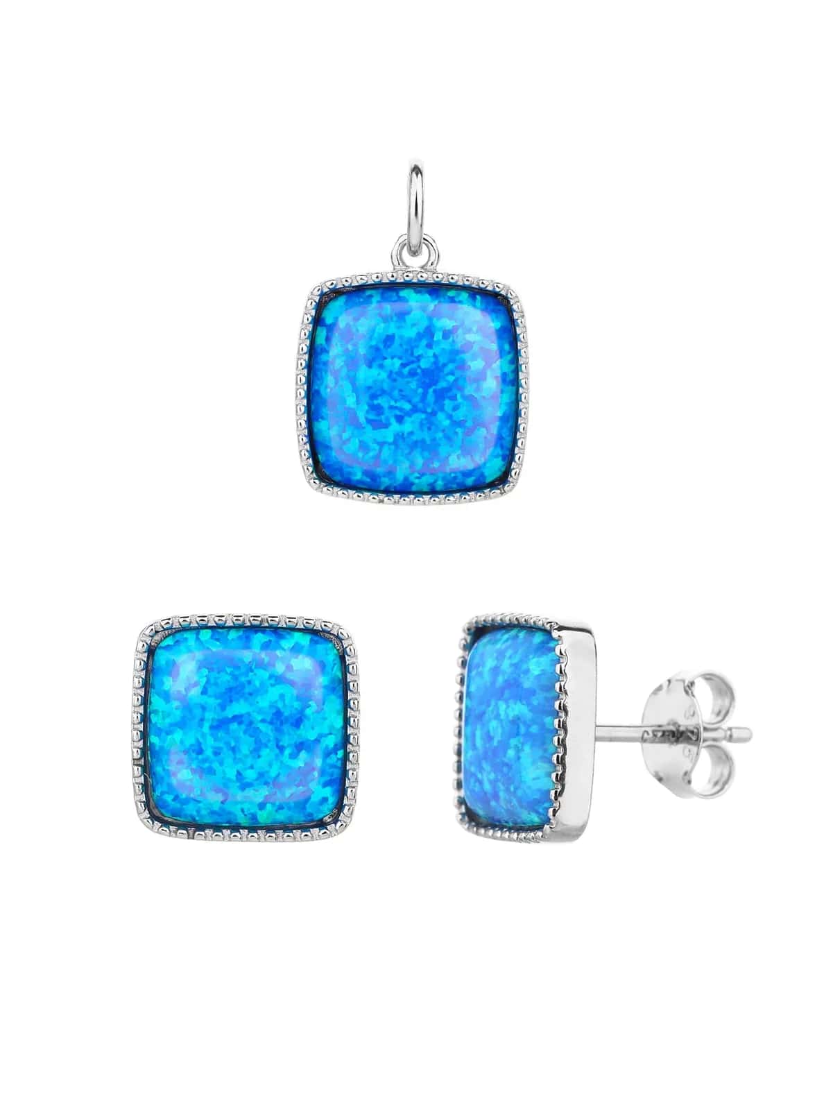 Conjunto de joyas con ópalo cuadrado azul oscuro, plata de ley 925 con baño de rodio (sin cadena)