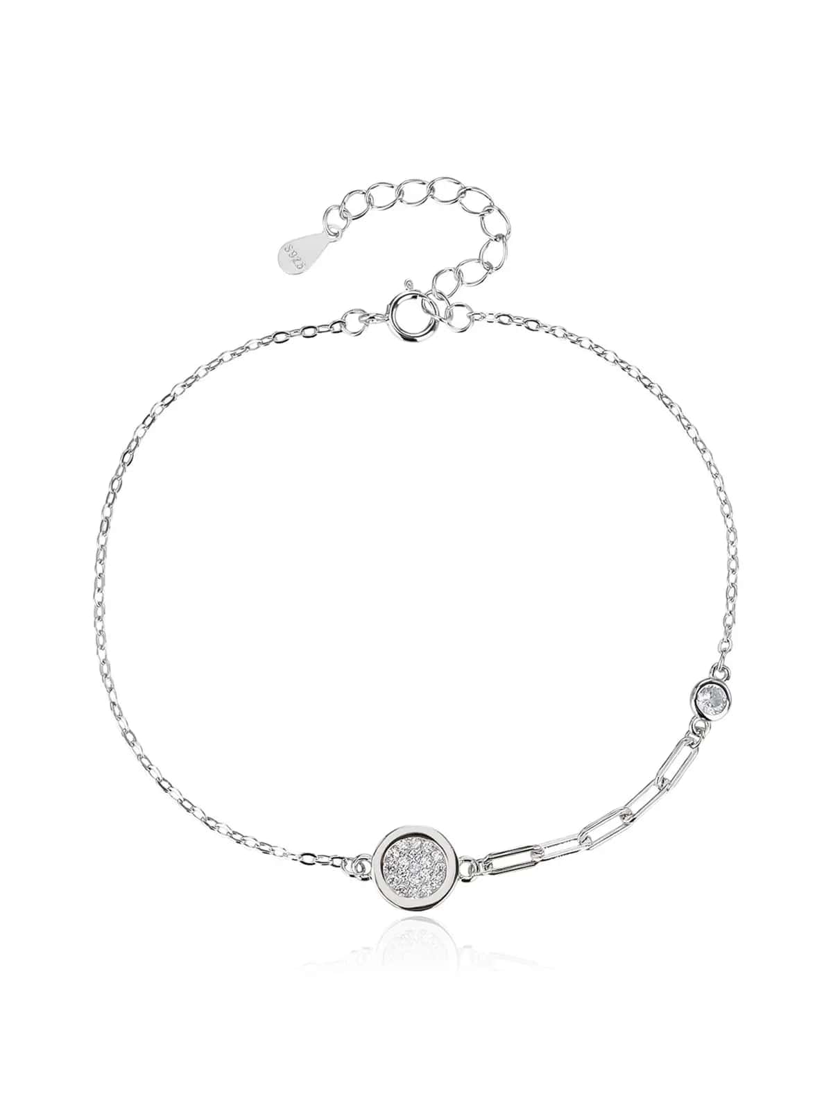 Pulsera de eslabones alargados con colgante circular, plata de ley 925 con baño de rodio (17 + 4 cm)