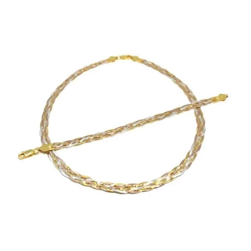 Cadena plana de plata, trenzada de 4 hilos, con pulsera (tricolor)