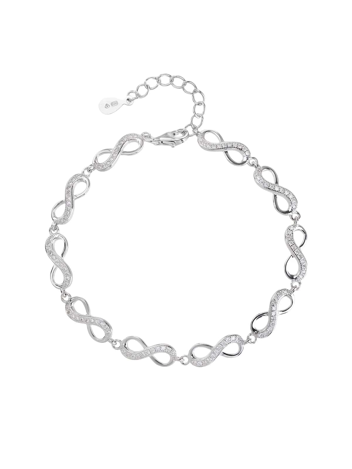 Pulsera de plata de ley 925 con motivo infinito y circonitas, con baño de rodio