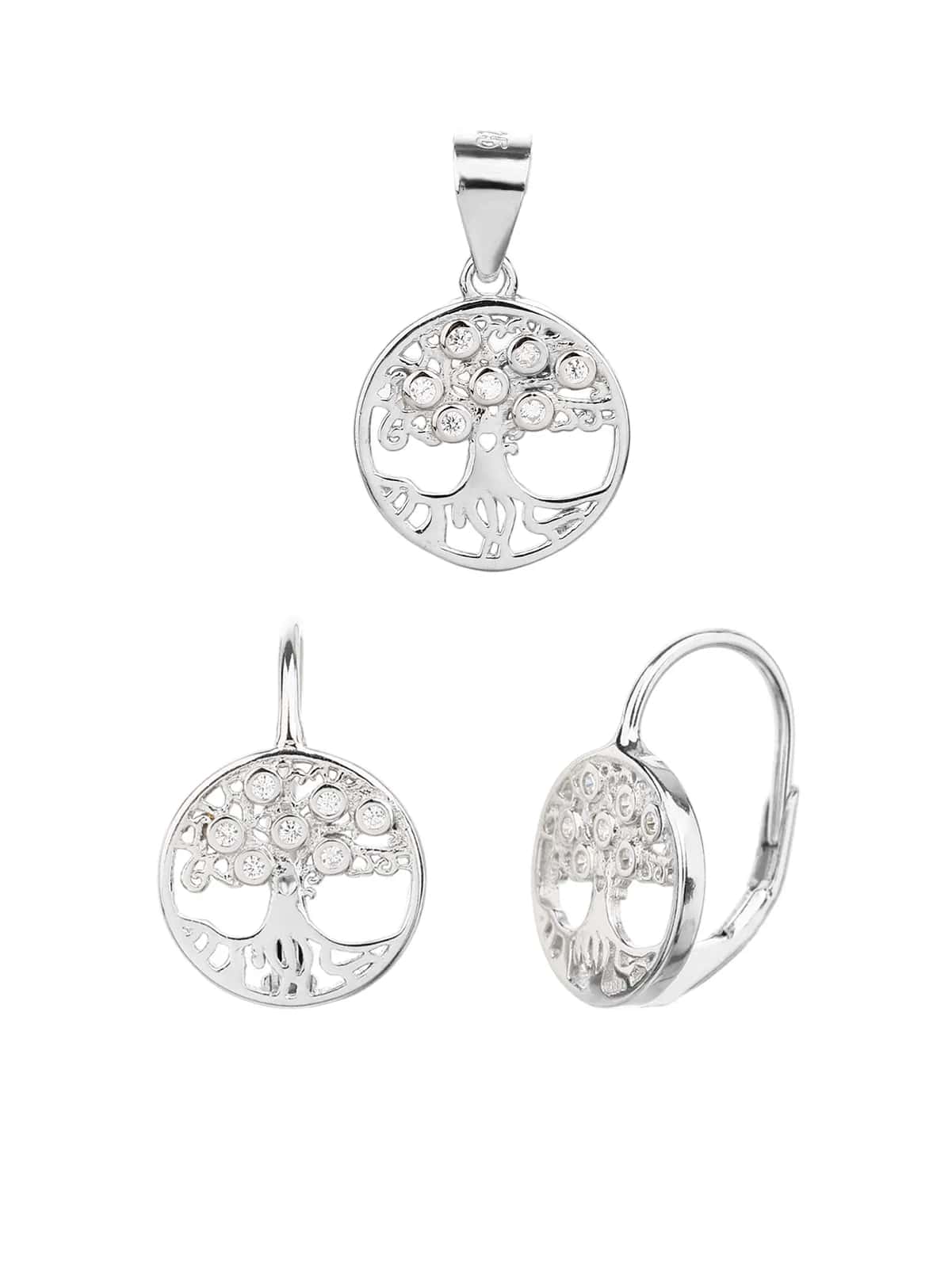 Conjunto de colgante árbol de la vida y pendientes con cierre a presión, con circonitas blancas, plata de ley 925 con baño de rodio