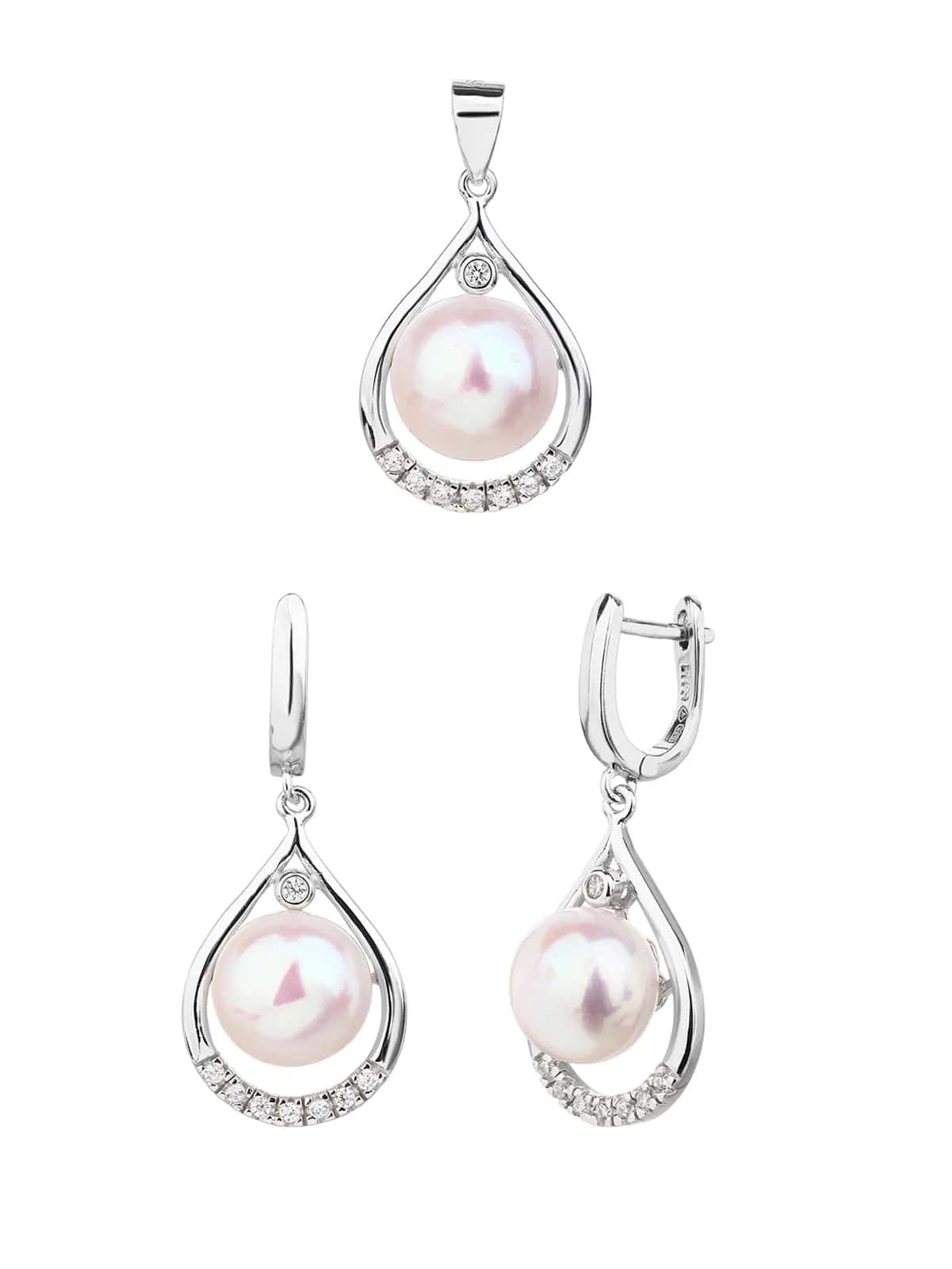 Conjunto de joyas con perlas blancas cultivadas de agua dulce y circonitas, plata de ley 925 con baño de rodio