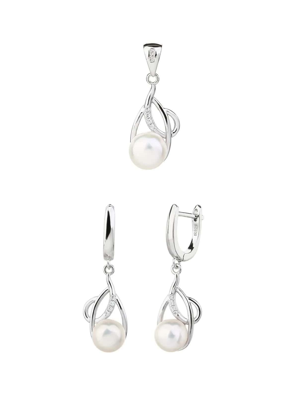 Conjunto de joyas con perlas cultivadas de agua dulce y pendientes con cierre de gancho, plata de ley 925 con baño de rodio (sin cadena)