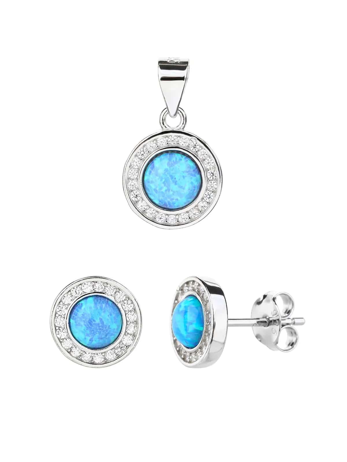 Conjunto de joyas con ópalo azul claro, plata de ley 925 con baño de rodio (sin cadena)