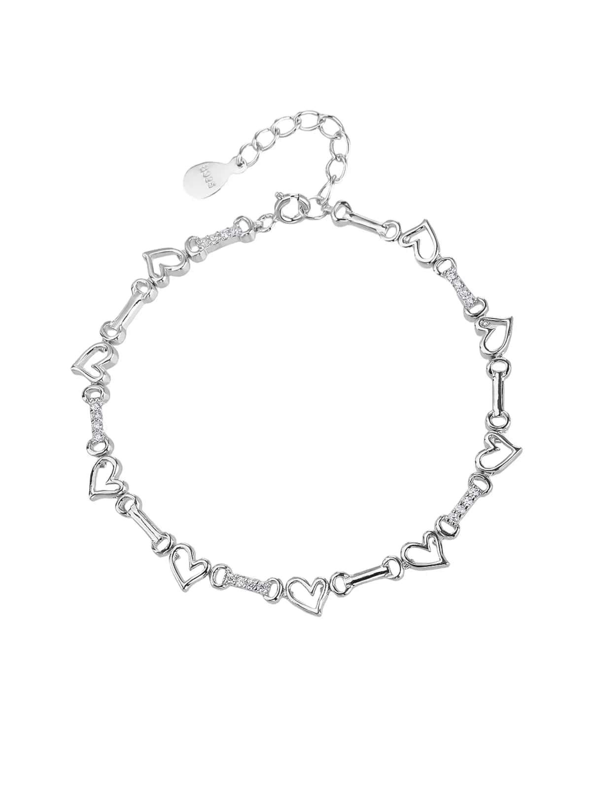 Pulsera de plata de ley 925 con motivo de corazón y circonitas, con baño de rodio