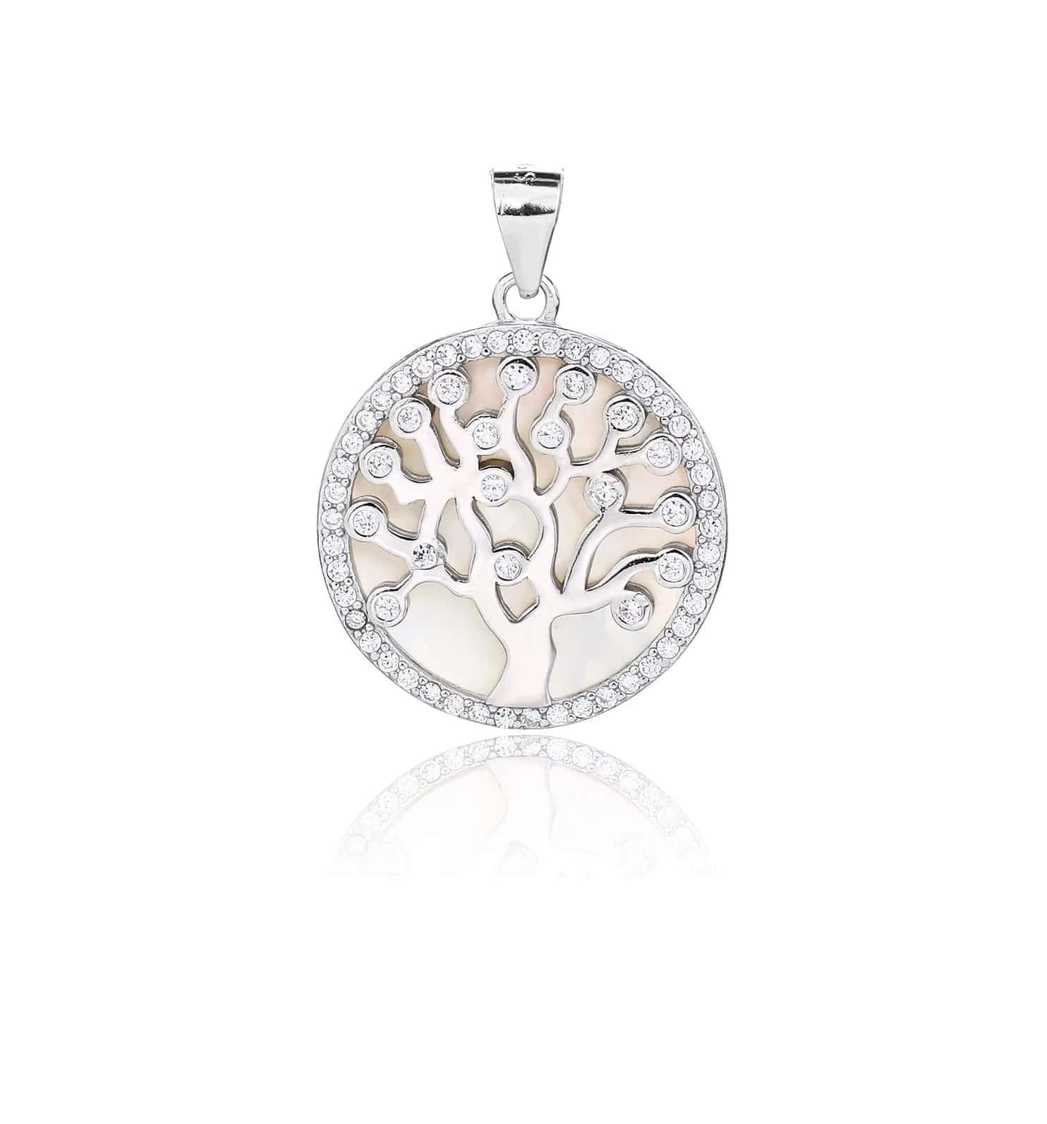 Colgante de plata con motivo del árbol de la vida, circonitas e incrustación de nácar
