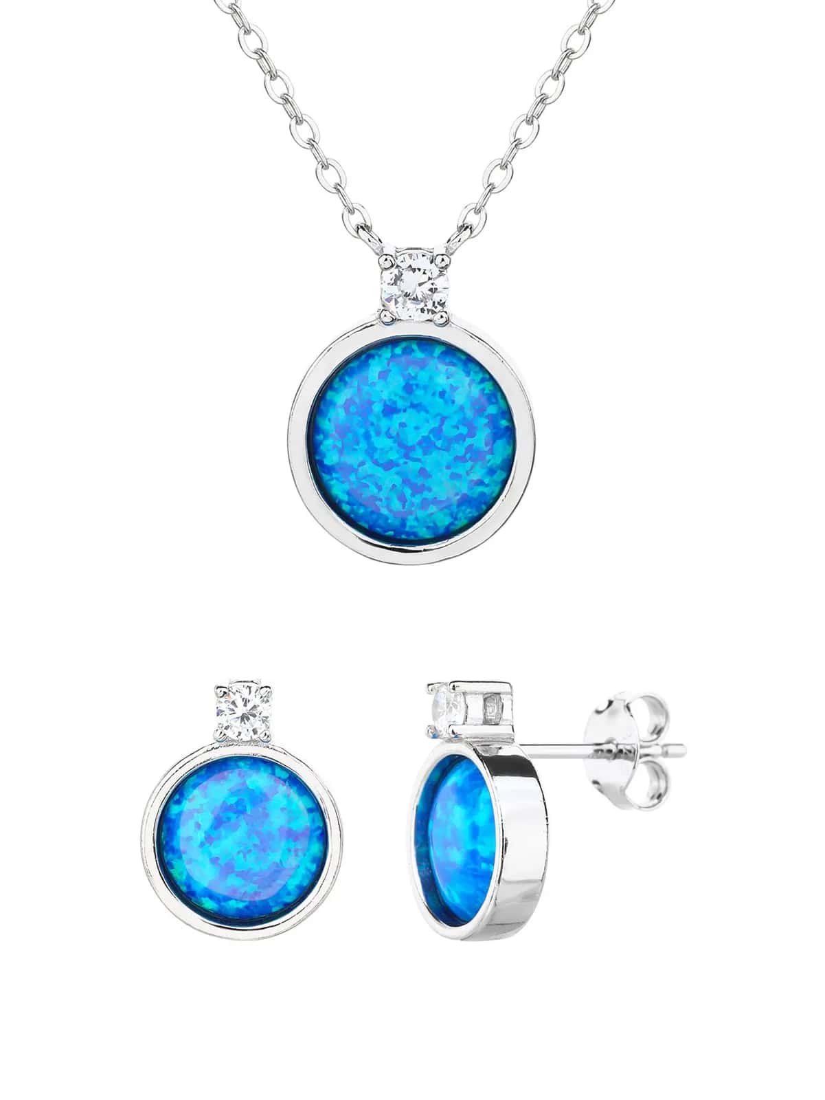 Conjunto de joyas de ópalo azul intenso con pendientes de botón y cadena, plata de ley 925 con baño de rodio