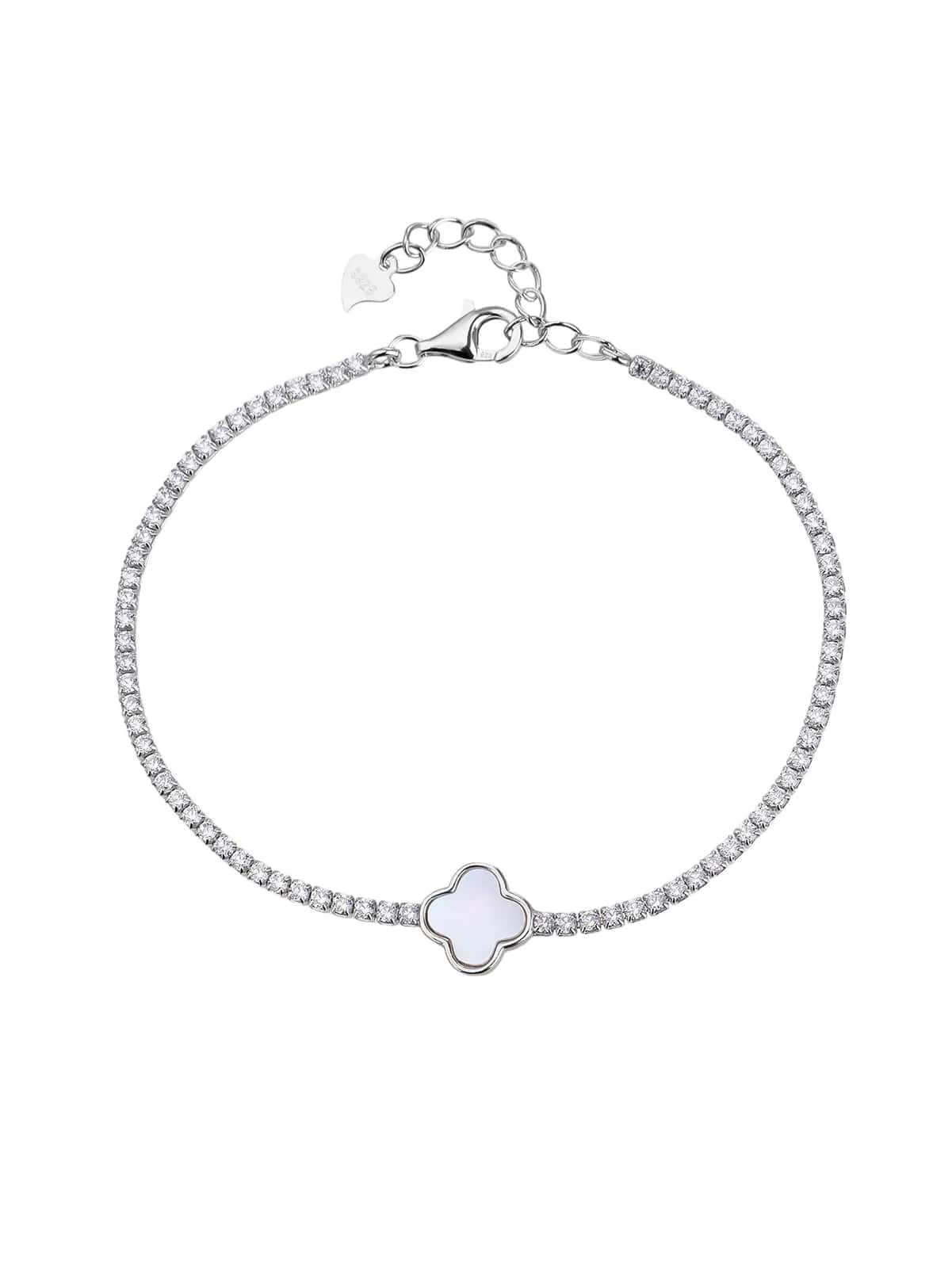Pulsera tenis de plata de ley 925 con trébol de cuatro hojas y nácar natural, con baño de rodio